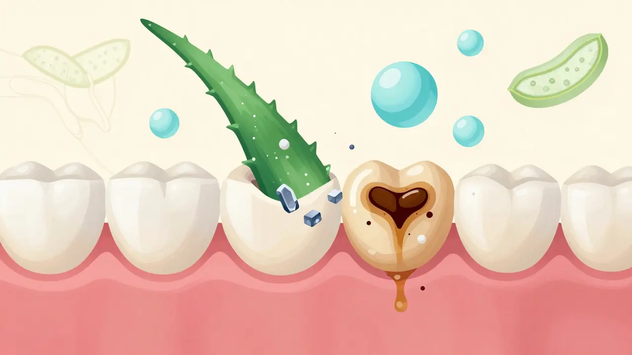 Průřez zubu ukazující, jak peroxid vodíku odstraňuje skvrny a hydroxyapatit obnovuje email.