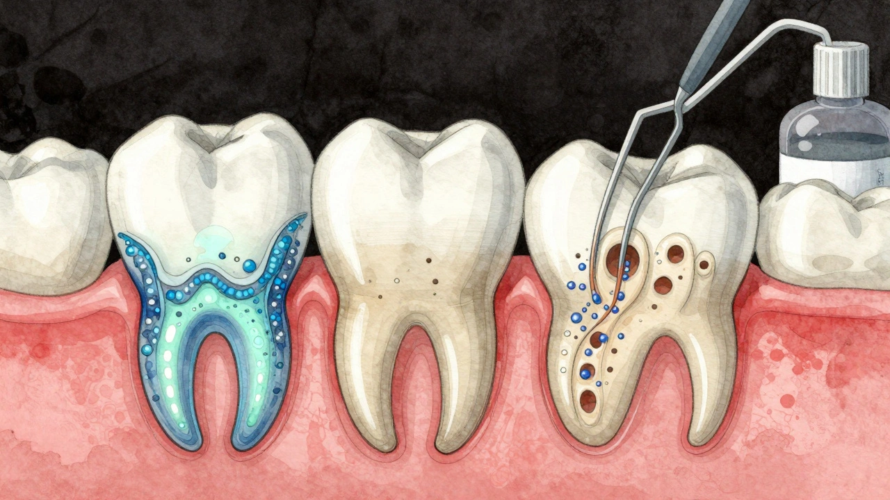 Průřez zubu ukazující přirozenou obnovu emalové vrstvy minerály.