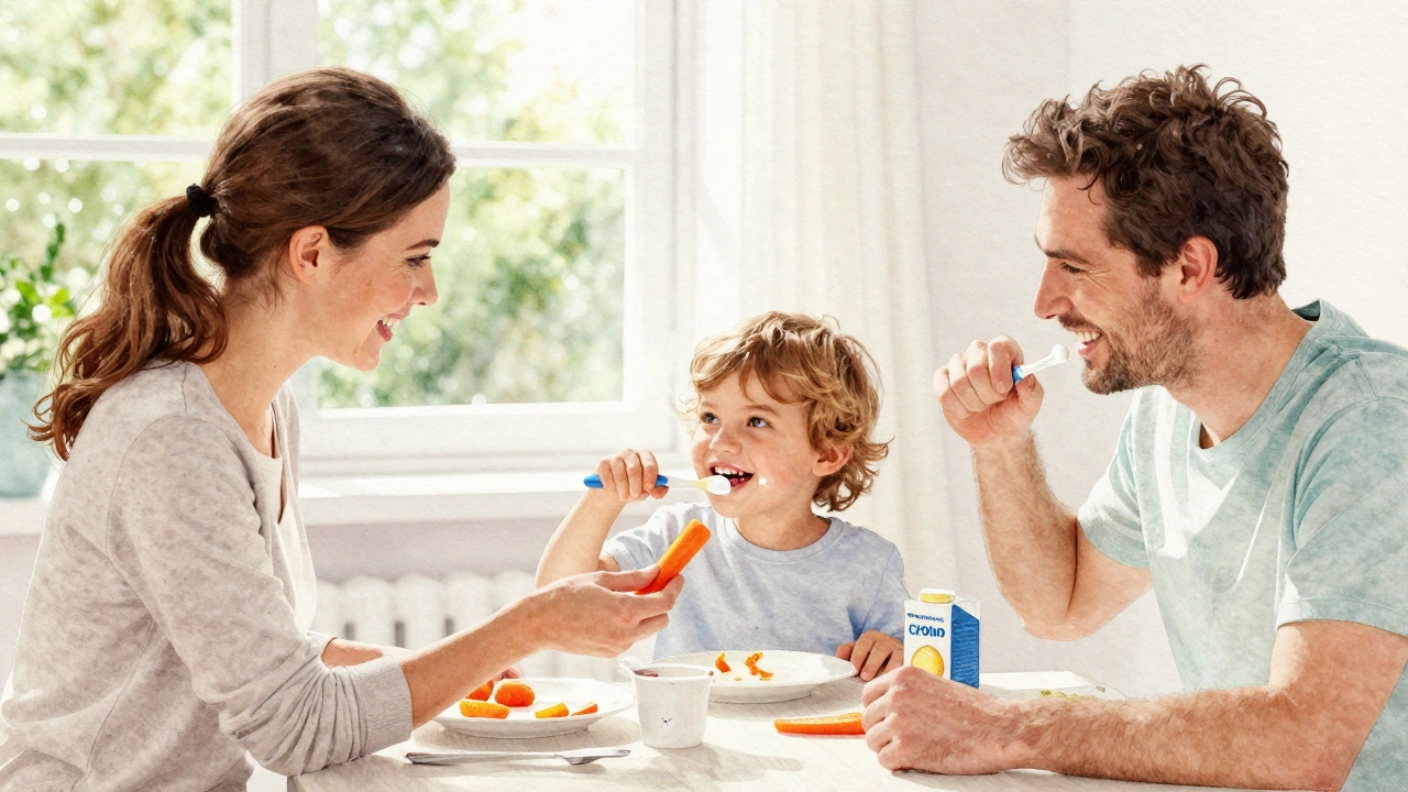Rodina ve snídani, dítě s čistými zuby a zdravou svačinou.
