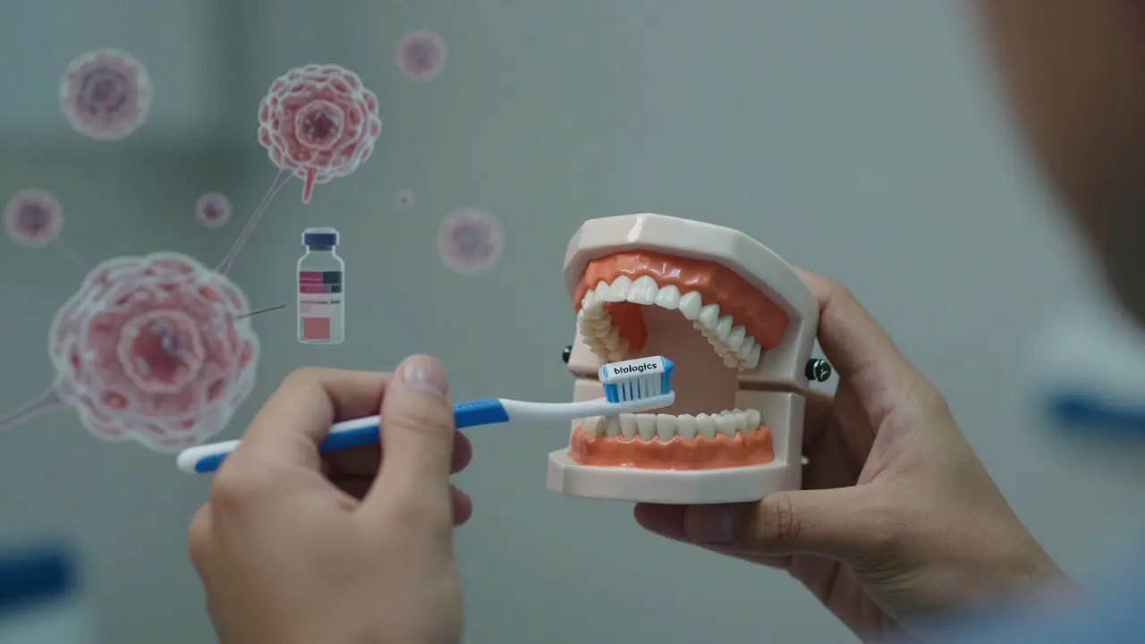 Ruce pečují o zuby jemným kartáčkem, v pozadí symbolický obraz imunitní reakce.