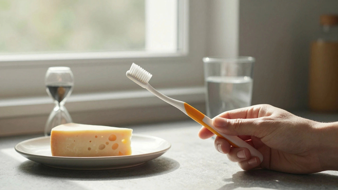 Ruka čistí zuby pod správným úhlem, vedle hodiny ukazující 30 minut čekání po jídle.