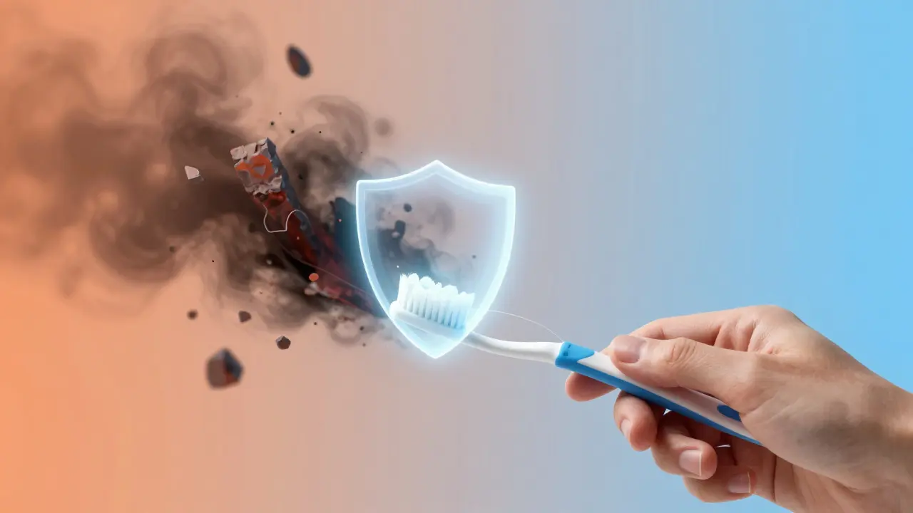 Ruka drží kartáček a nit, kolem zubů se objevuje ochranný štít proti kazu.