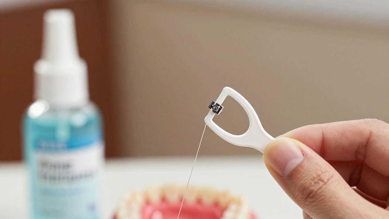 Ruka používá tuhý konec mezizubní niti, aby ji vedla pod drát rovnátek.