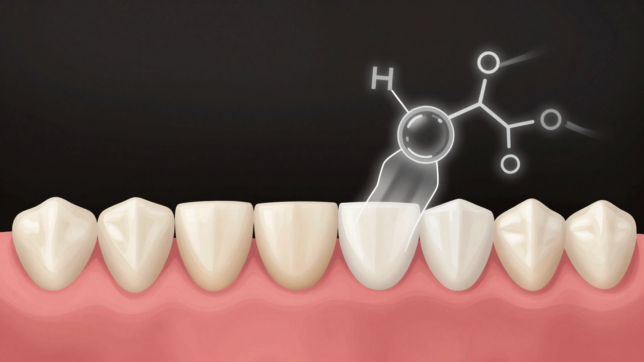 Srovnání zubů s povrchovými skvrnami a po bělení s chemickým principem.