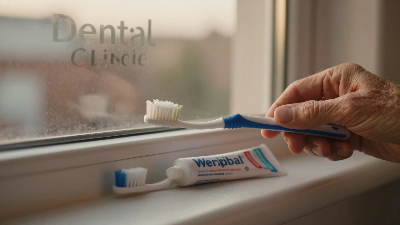 Starší ruka drží opotřebovaný mezizubní kartáček vedle zubního kartáčku.