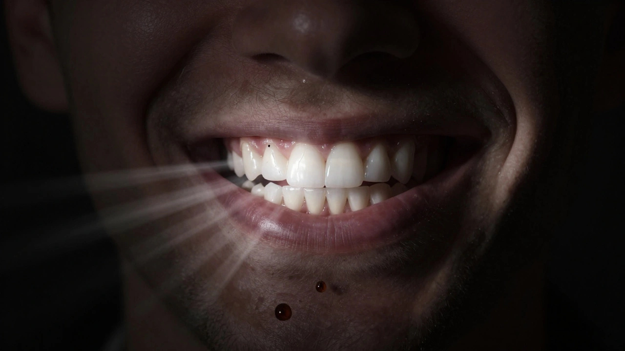 Úsměv zářící bílým světlem, zatímco káva visí ve vzduchu nad ním jako hrozba.