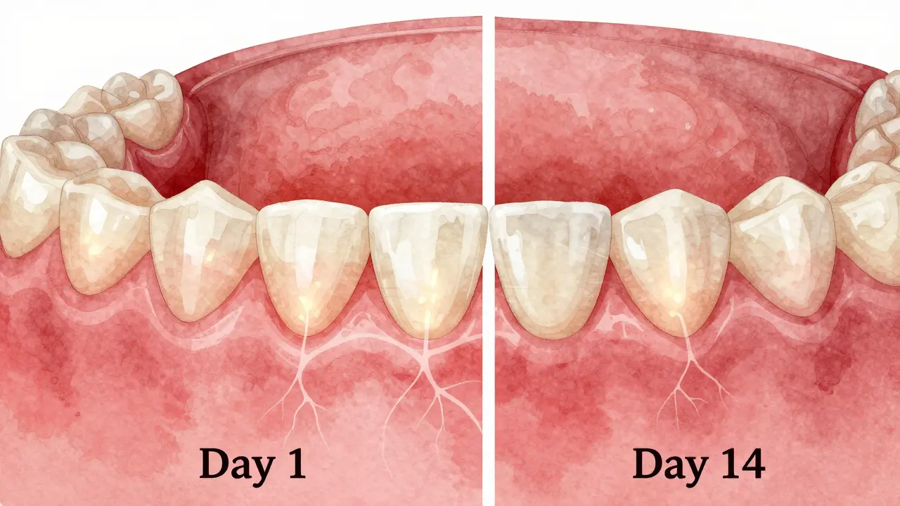 Vývoj dásní od zánětu k hojení kolem zubní fazety v časovém průběhu.