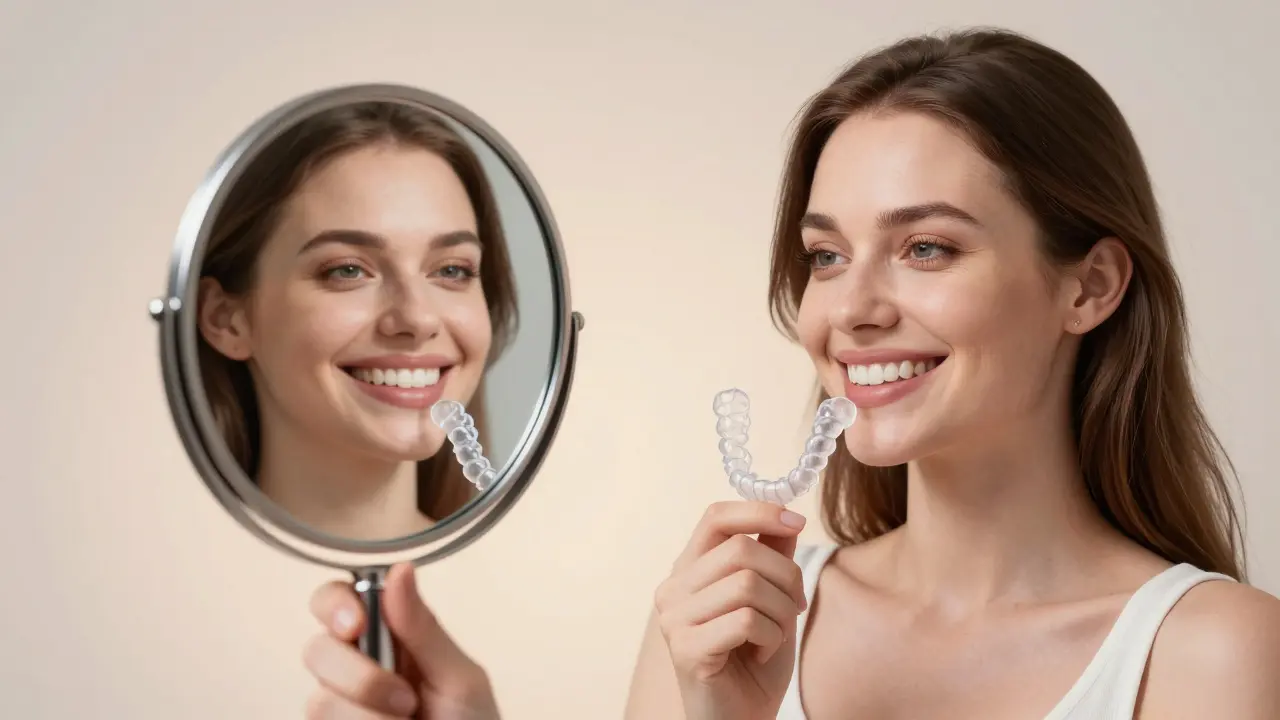 Žena se dívá do zrcadla a vidí svůj před a po úpravě úsměv v rozděleném pohledu.