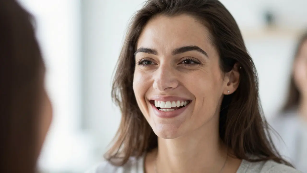 Žena se směje do zrcadla s dokonalým úsměvem po aplikaci fazet.