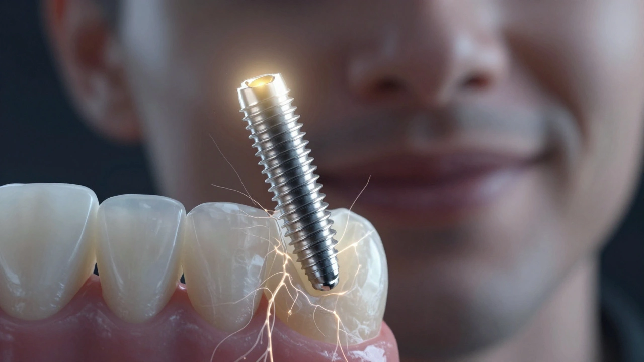 Zubní implantát v kosti čelisti s viditelným regenerujícím kostním tkáněm a jemným zářením.