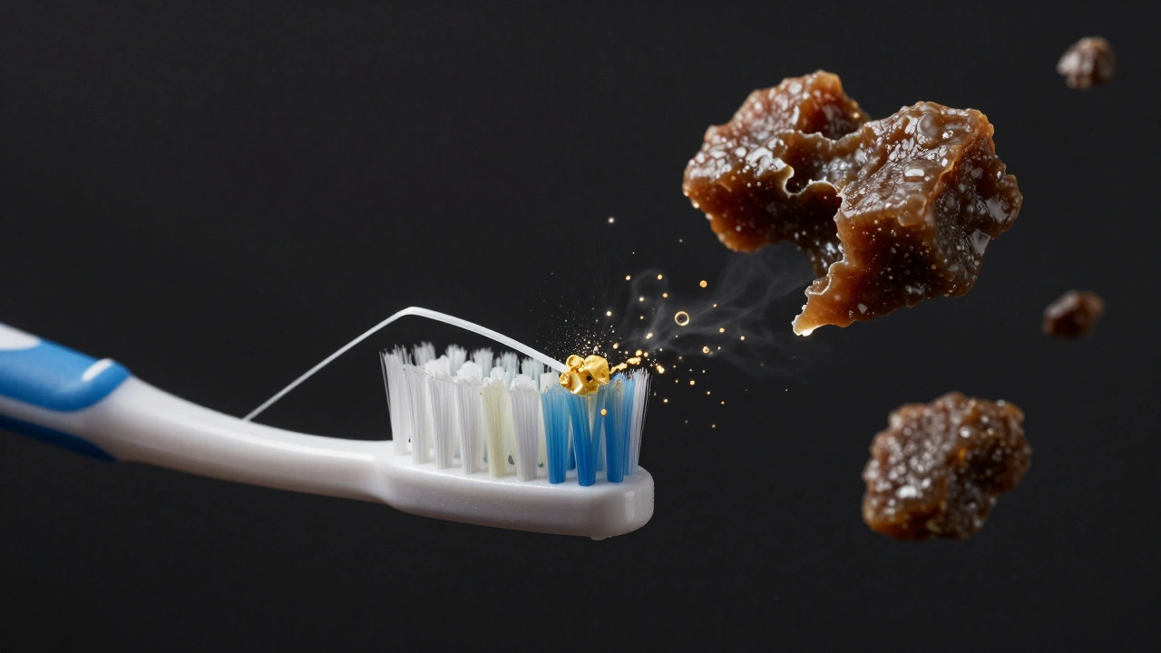 Zubní kartáček a nit čistí zuby, zatímco tvrdý kámen plave jako nebezpečná překážka.