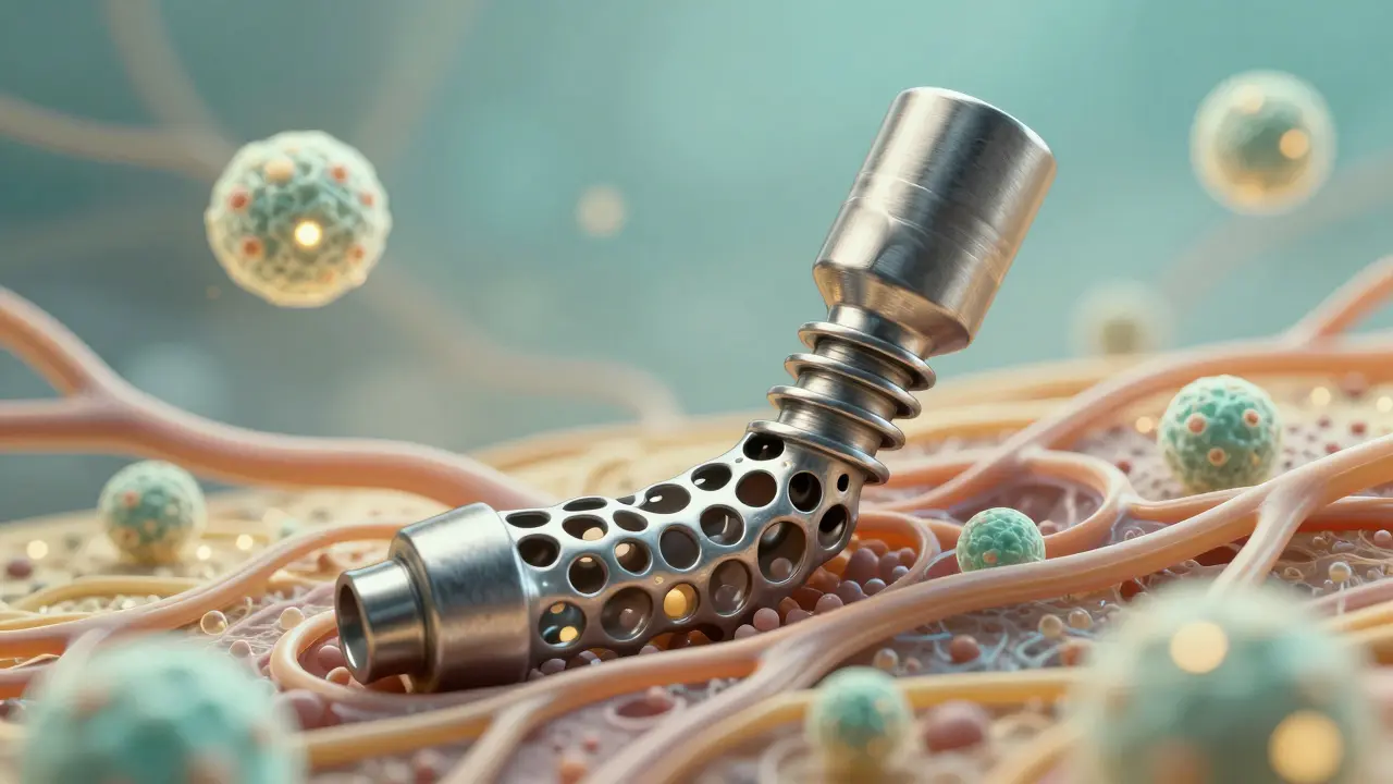 3D tisknutý implantát s mikroporézní strukturou se integruje do kosti čelisti.