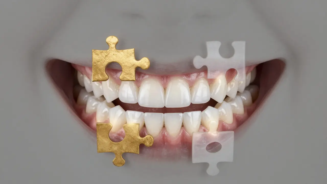 Abstraktní složení čtyř estetických zubních řešení tvořících dokonalý úsměv.