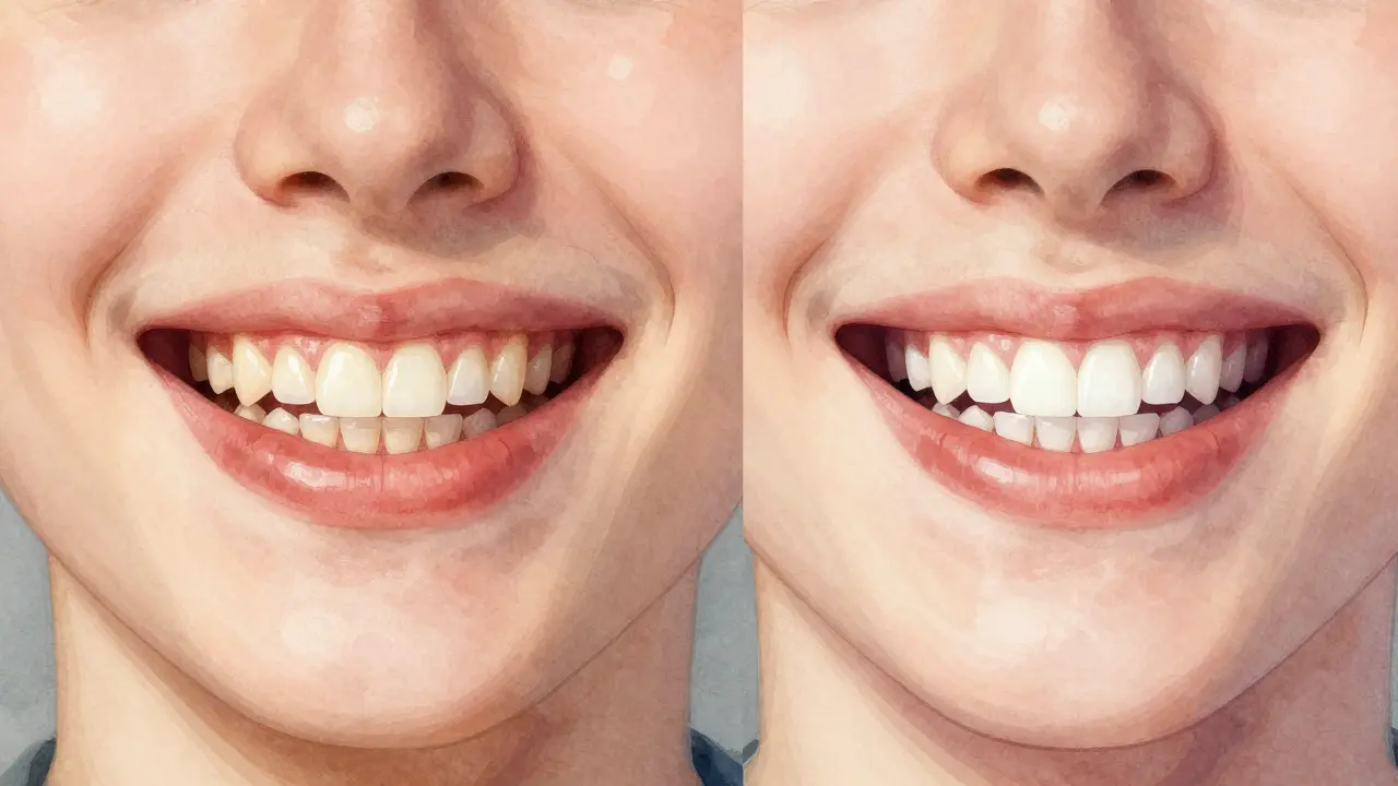 Before and after comparison of a smile with and without composite veneers.