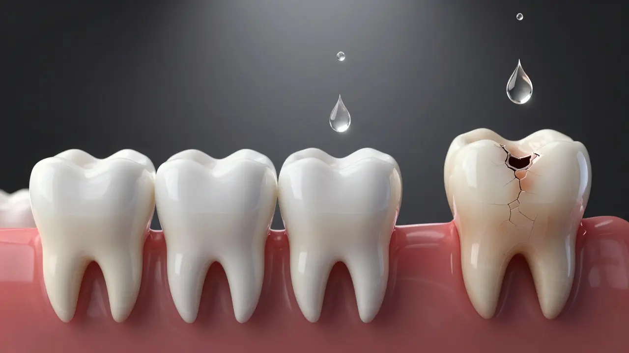 Časový vývoj kazu na zubu od zdravého stavu až po poškození.