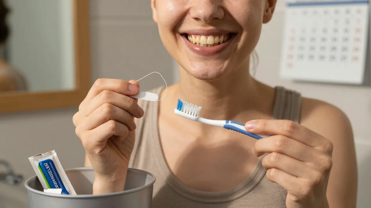 Člověk se přirozeným úsměvem, drží kartáček, bělicí páske jsou v koši