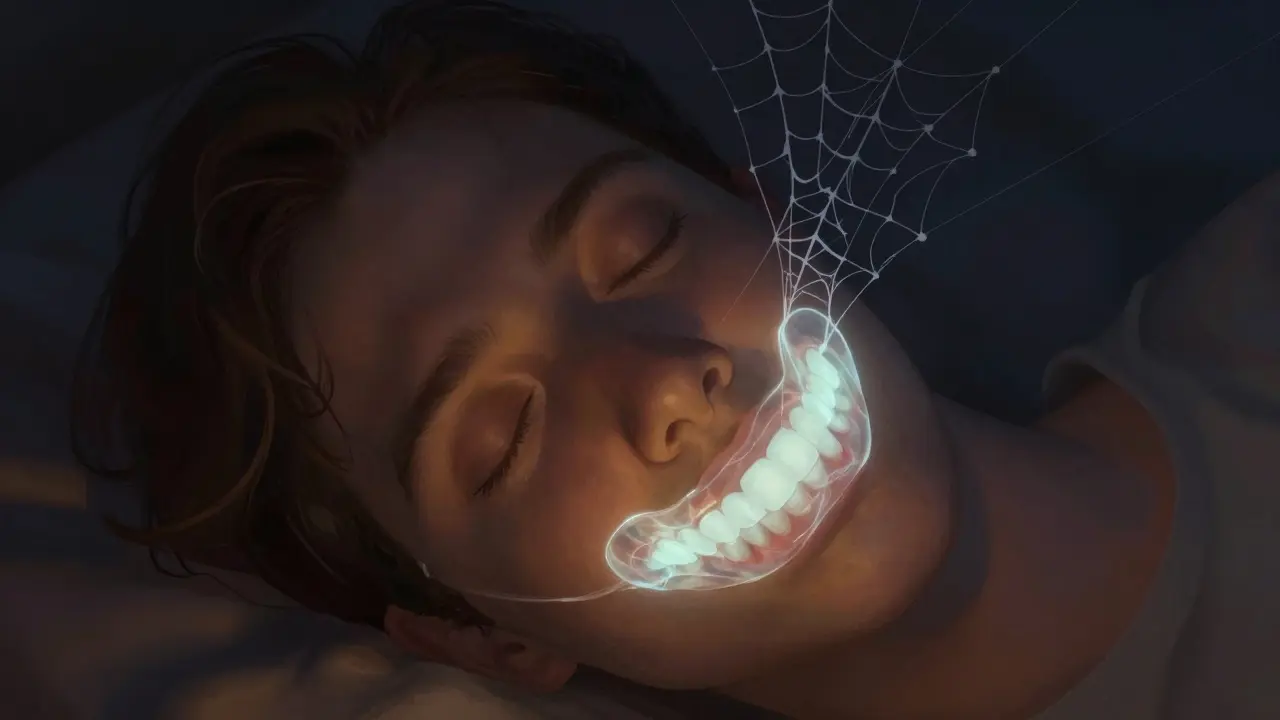 Člověk spí s vlastní zubní nápravou, která chrání zuby před prasklinami