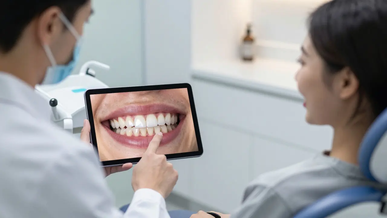 Dentista ukazuje pacientovi na tabletu simulaci transformace úsměvu.