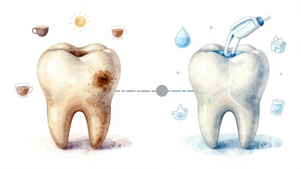 Dva časové průběhy: zub se tmavne vs. zůstává bílý díky dobré hygieně.
