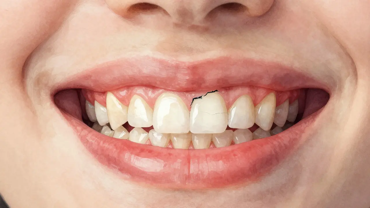 Dvě strany úst: zdravé zuby na jedné straně, poškozené na druhé