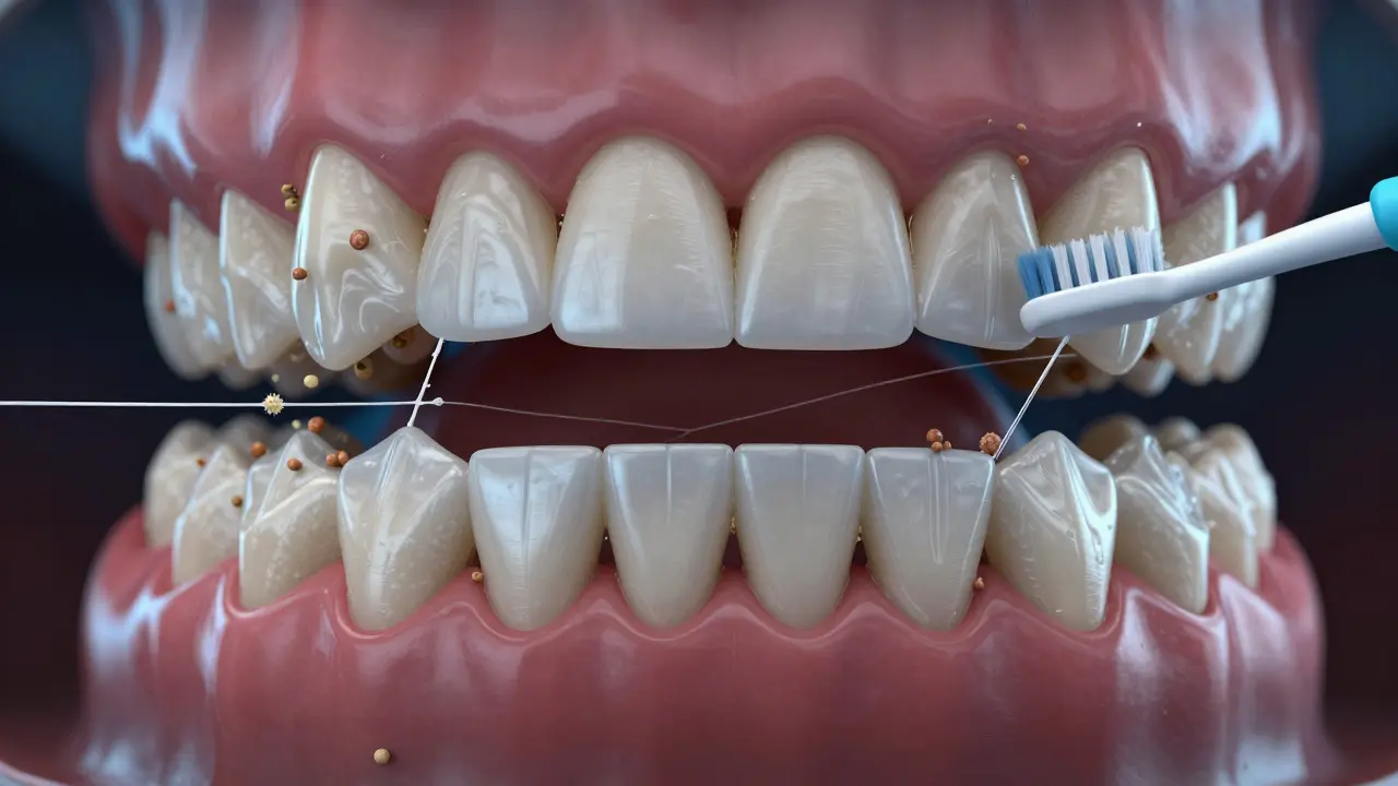 Kličky s komplexními výběžky, kde se hromadí bakterie, zatímco kartáček čistí zadní část úst.