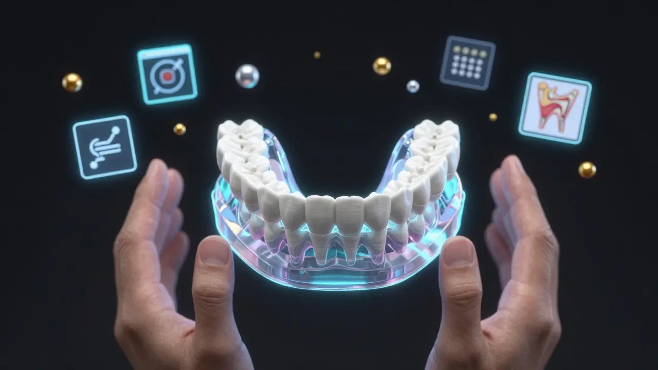 Koncepční obrázek 3D tisknuté zubní protézy s digitálními prvky nad rukama technika.