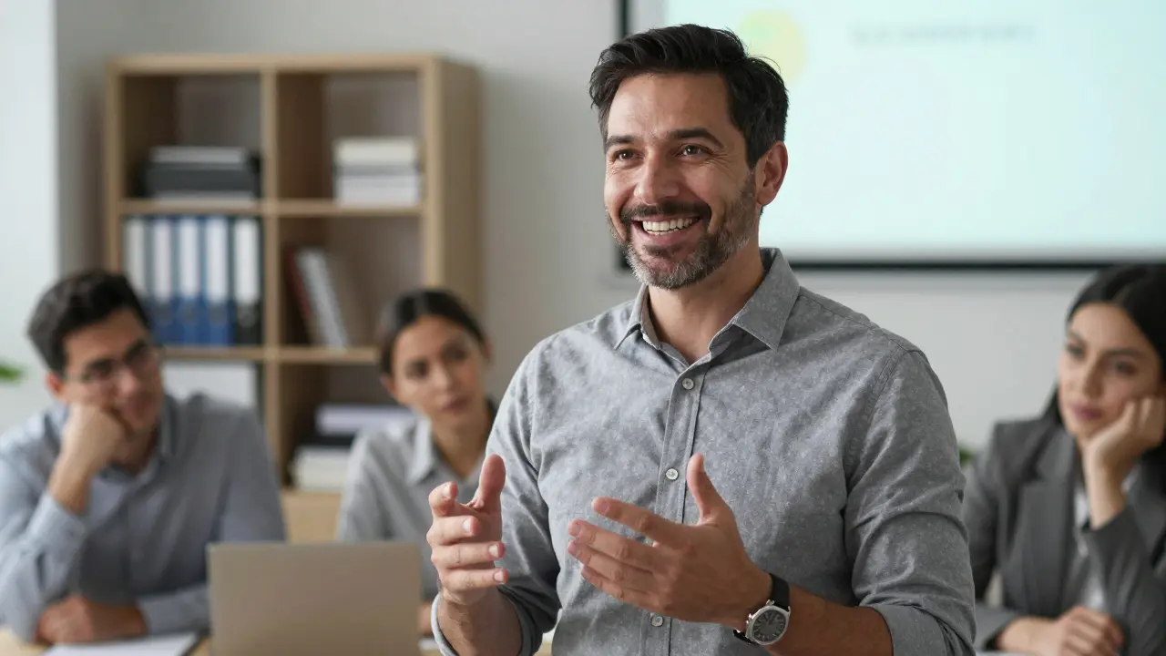 Muž v čtyřiceti letech se směje během obchodní prezentace, jeho zuby vypadají přirozeně.