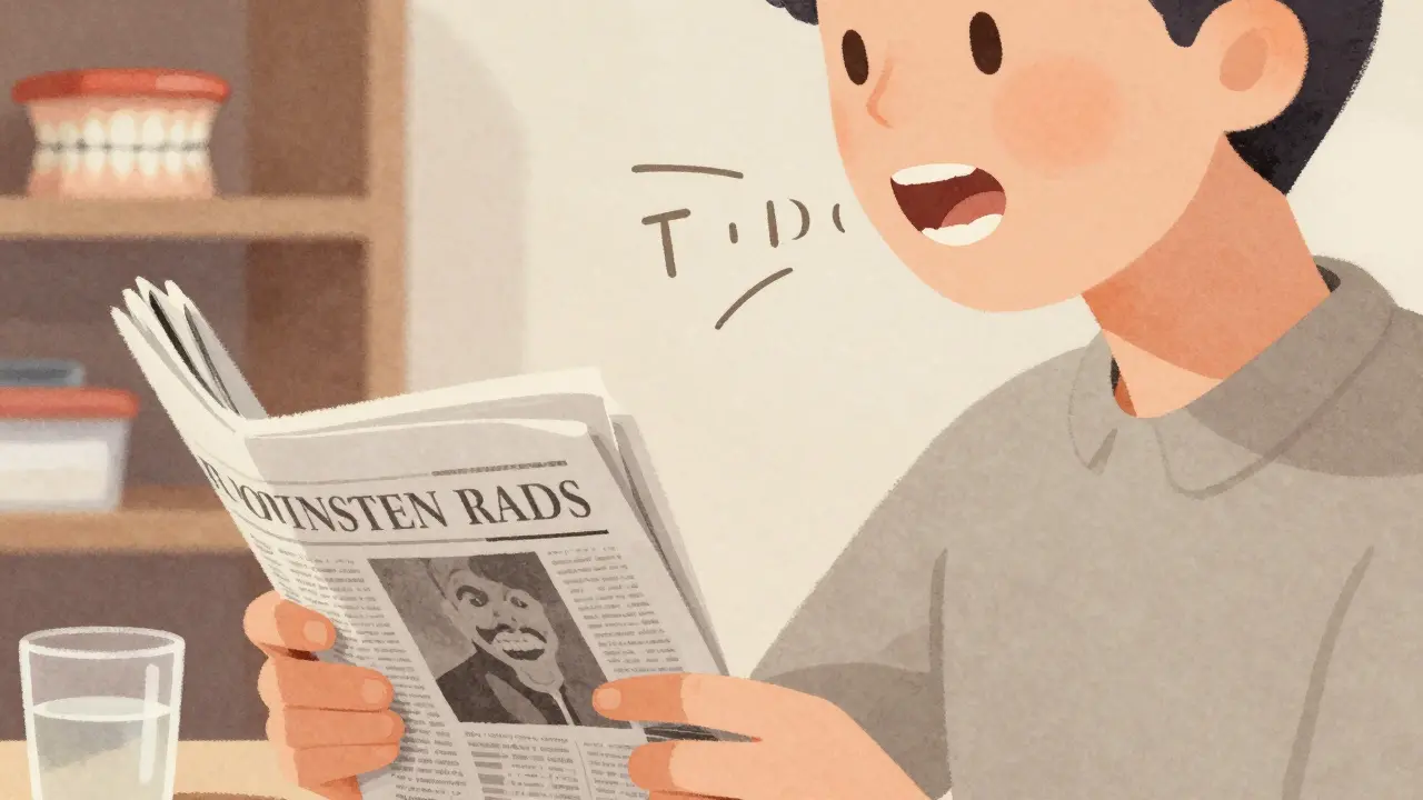 Osoba cvičí mluvení s zubní protézou, čte noviny a vyslovuje těžká písmena.