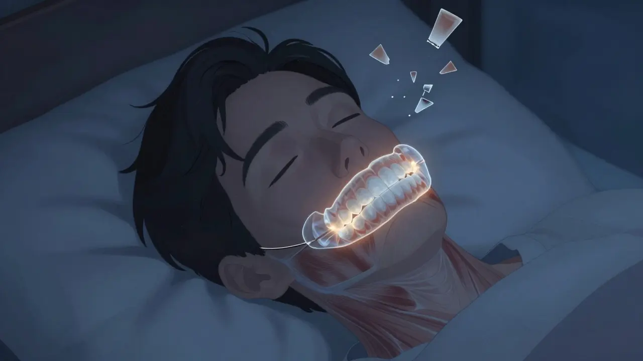 Osoba spí s ochranným zubním krytem, v nočním světle.