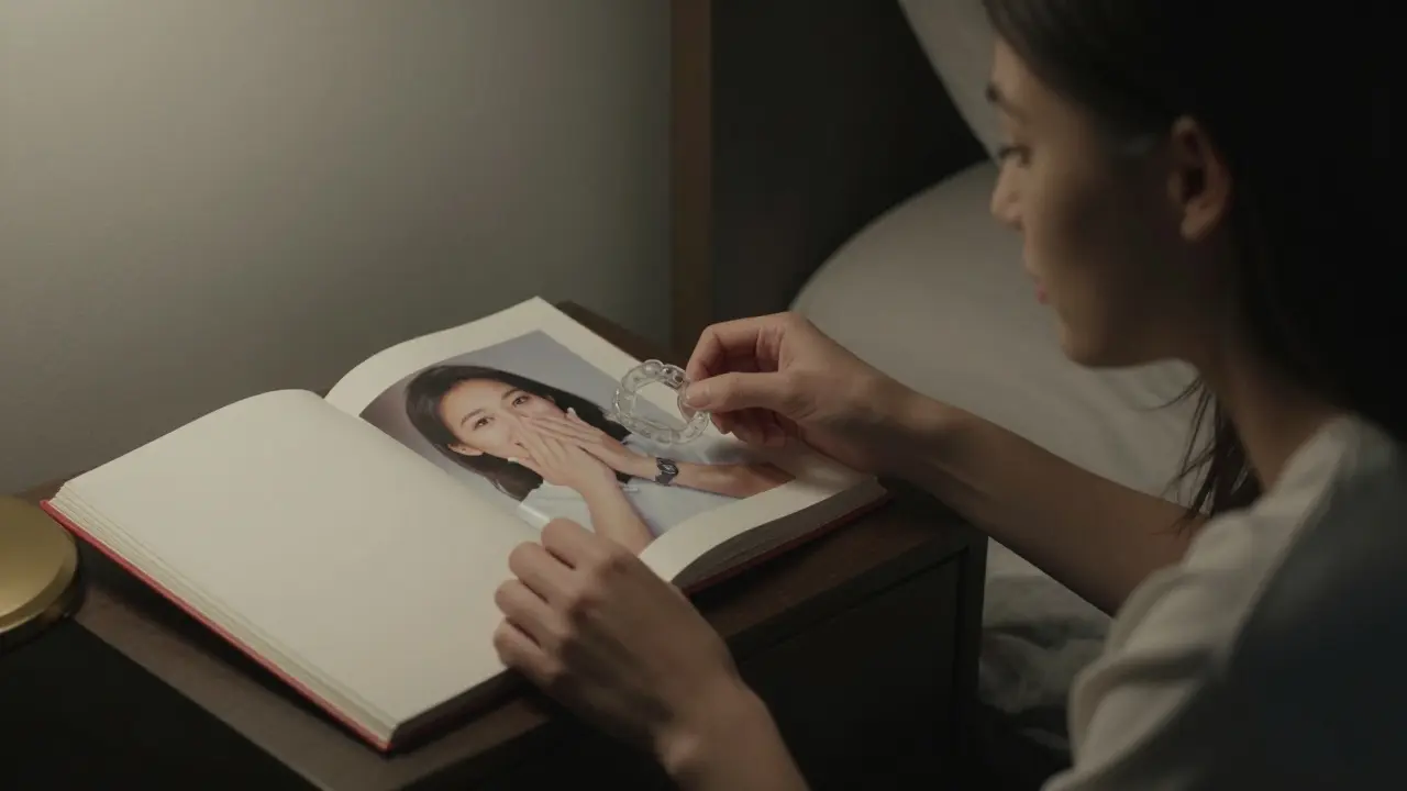 Osoba ukládá retentor na noční stolík vedle staré fotografie, kde dříve zakrývala ústa rukama.