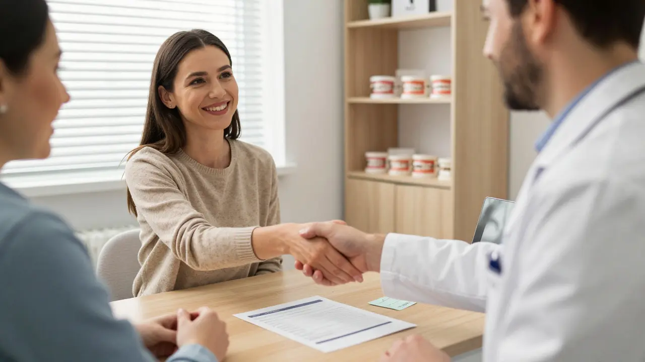 Pacient a administrátorka v zubní klinice v Praze se podávají ruce u úhradného plánu.