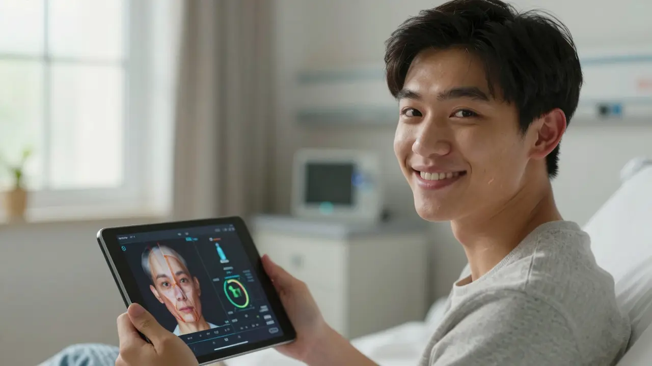 Pacient po maxilofaciální rekonstrukci usmívá se s tabletou zobrazující data o hojení.