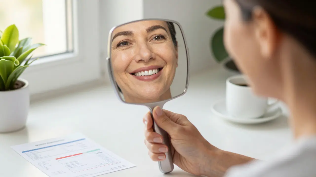Person smiling at mirror showing two improved front teeth with composite veneers, other teeth unchanged.