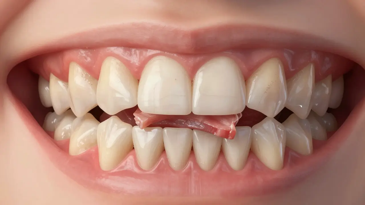 Přední zuby (strnáky) drží kousek masa, s hlubokou brávou, kde se hromadí zbytky potravy.