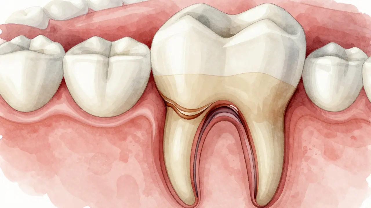 Příčný řez zubu s kazem pod plombou, šířícím se do dentinu.
