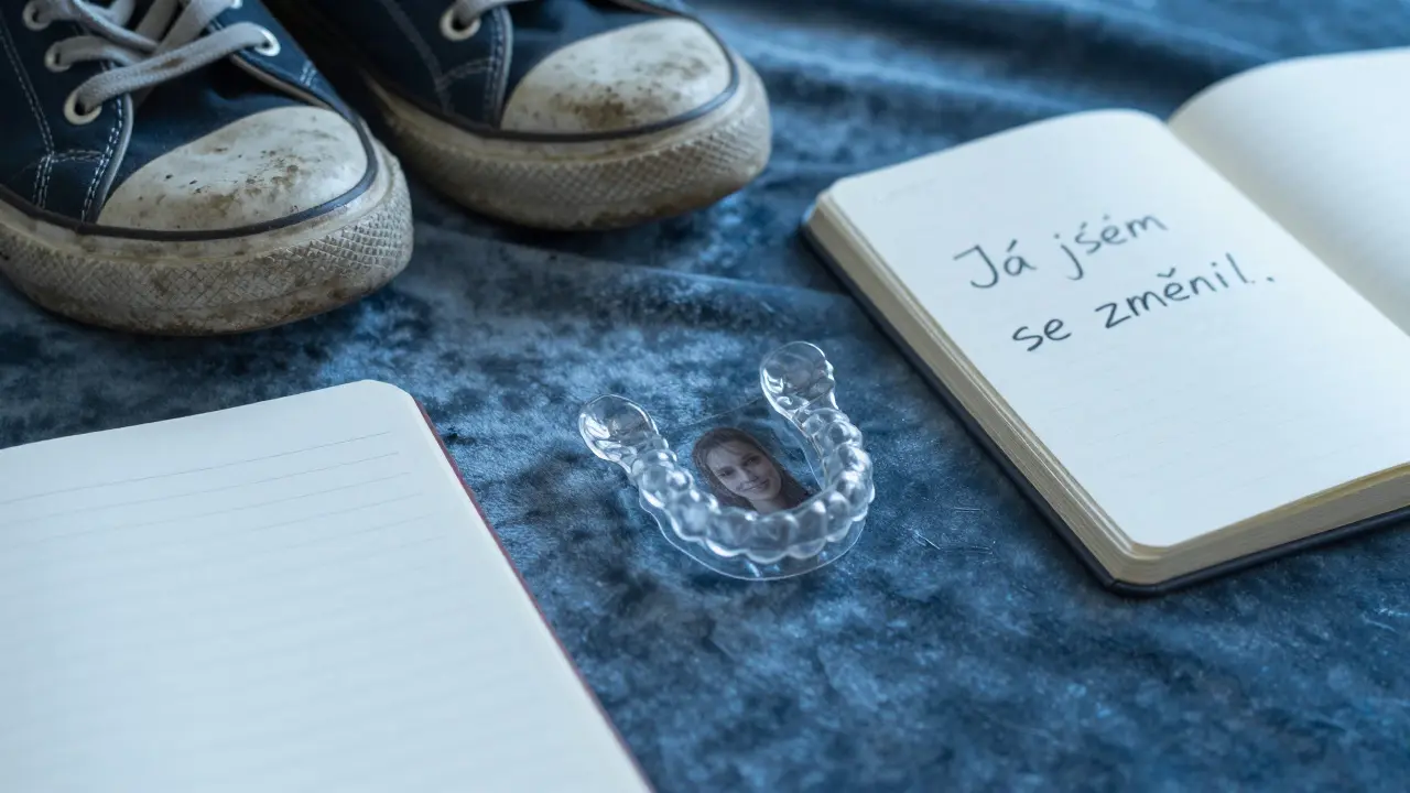 Retainer leží na sametu vedle bot a deníku s poznámkou o osobní změně.