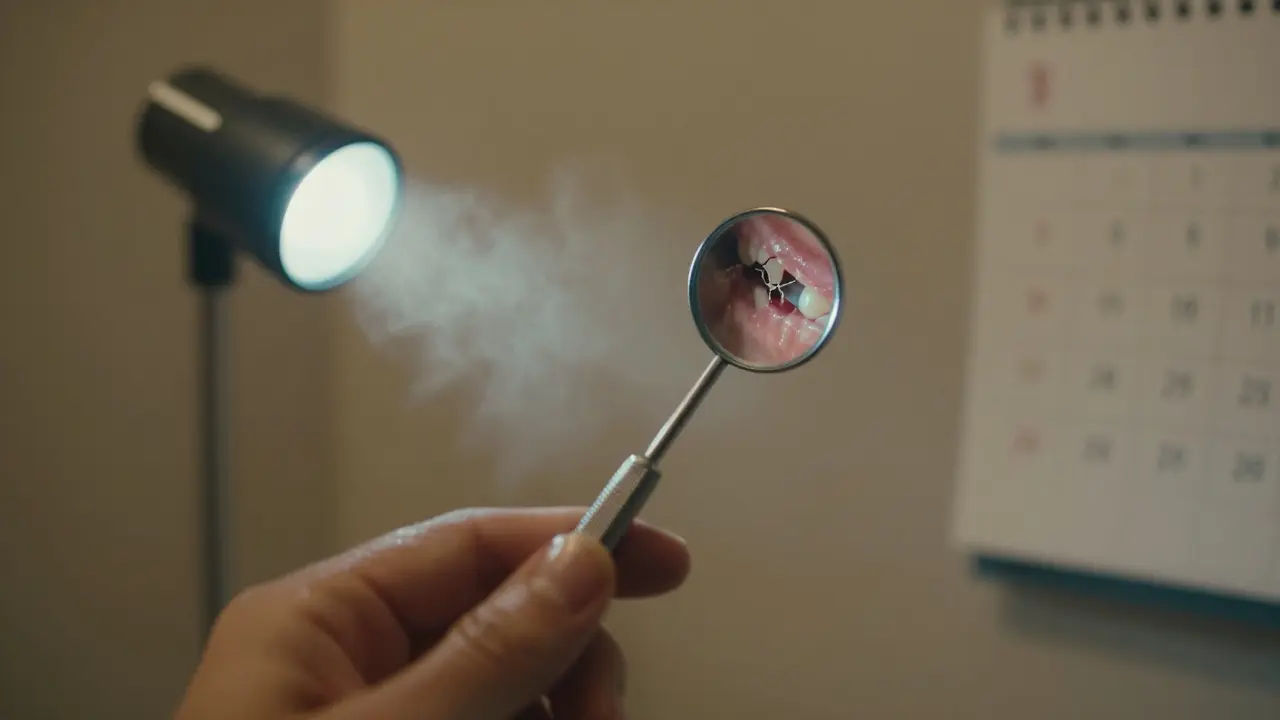 Ruka drží dentální zrcátko ve tmě, odraz ukazuje poškozenou plombu a krvácení dásní.