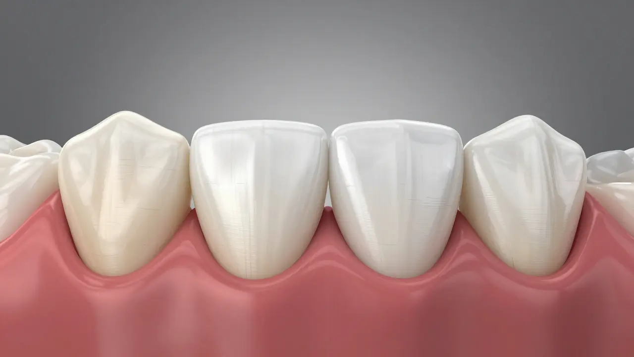 Side-by-side comparison of stained composite veneer and glossy ceramic veneer on teeth.