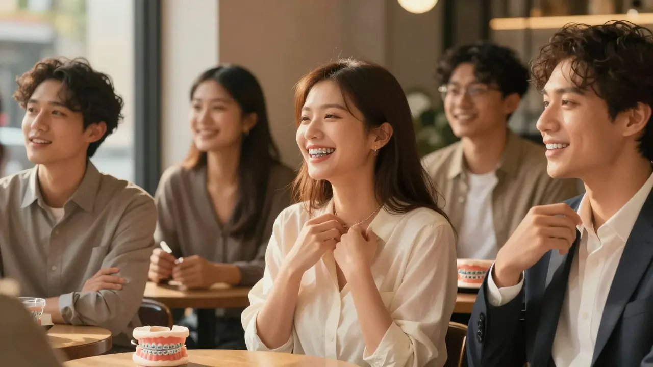 Skupina dospělých v kavárně, každý s jiným typem rovnátek, všichni se přirozeně smějí a mluví.