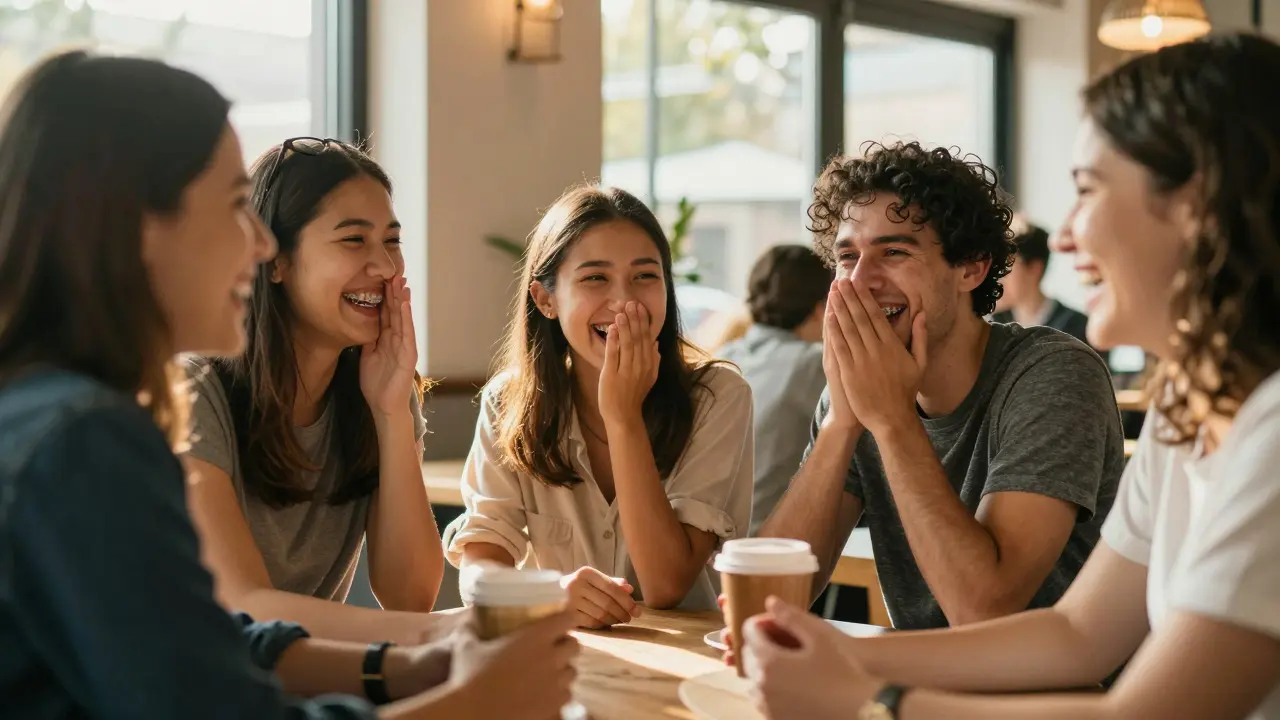 Skupina lidí se směje v kavárně, nikdo nekryje ústa, všichni jsou pohodlní a přirození v komunikaci.