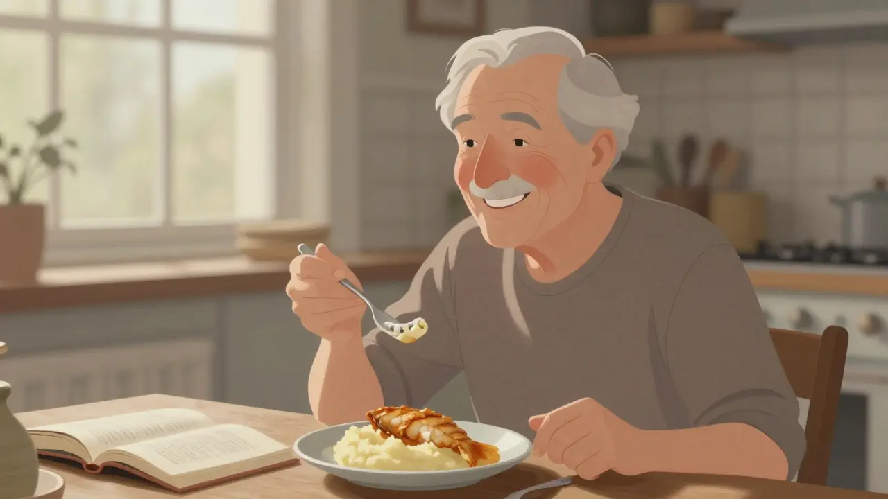 Stará žena klidně jí s jemnou potravinou s zubní protézou.