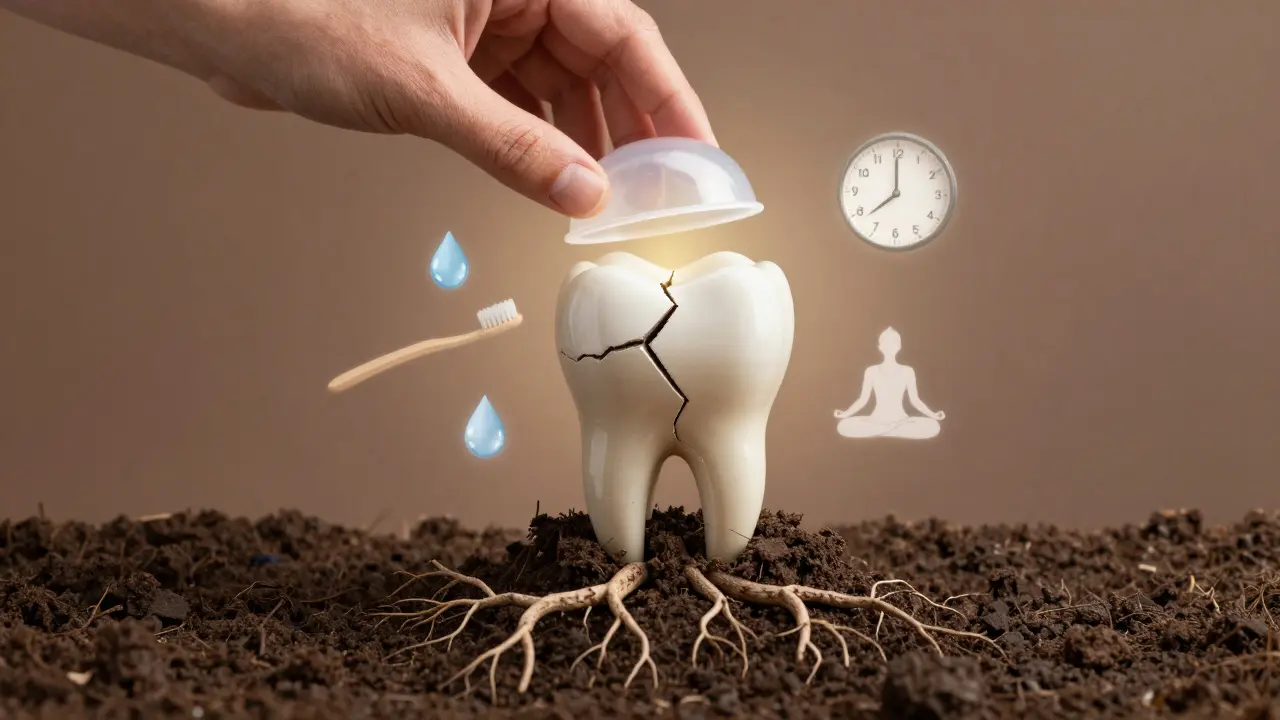 Symbolický obrázek zubu s krytem a prvky prevence: voda, štětec, jóga.