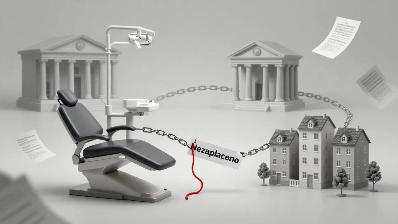 Symbolický řetězec spojující zubní křeslo s soudem a bytem, přerušený článkem označeným 'Nezaplaceno'.