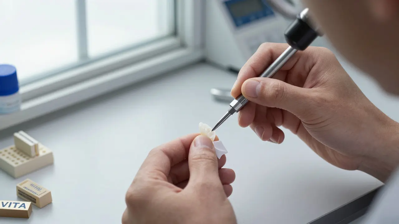 Technik v laboratoři precizně poliruje keramickou fazetu z vysokokvalitní keramiky.