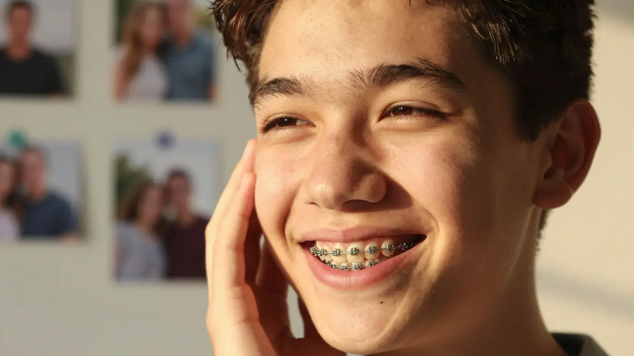 Těsný záběr mladého člověka se smíchem a rovnátky, který projevuje sebevědomí a radost.