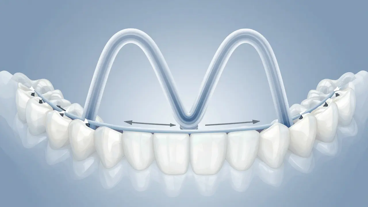 Tři typy ortodontických gumiček působících na čelisti s vyznačenými silovými šipkami.
