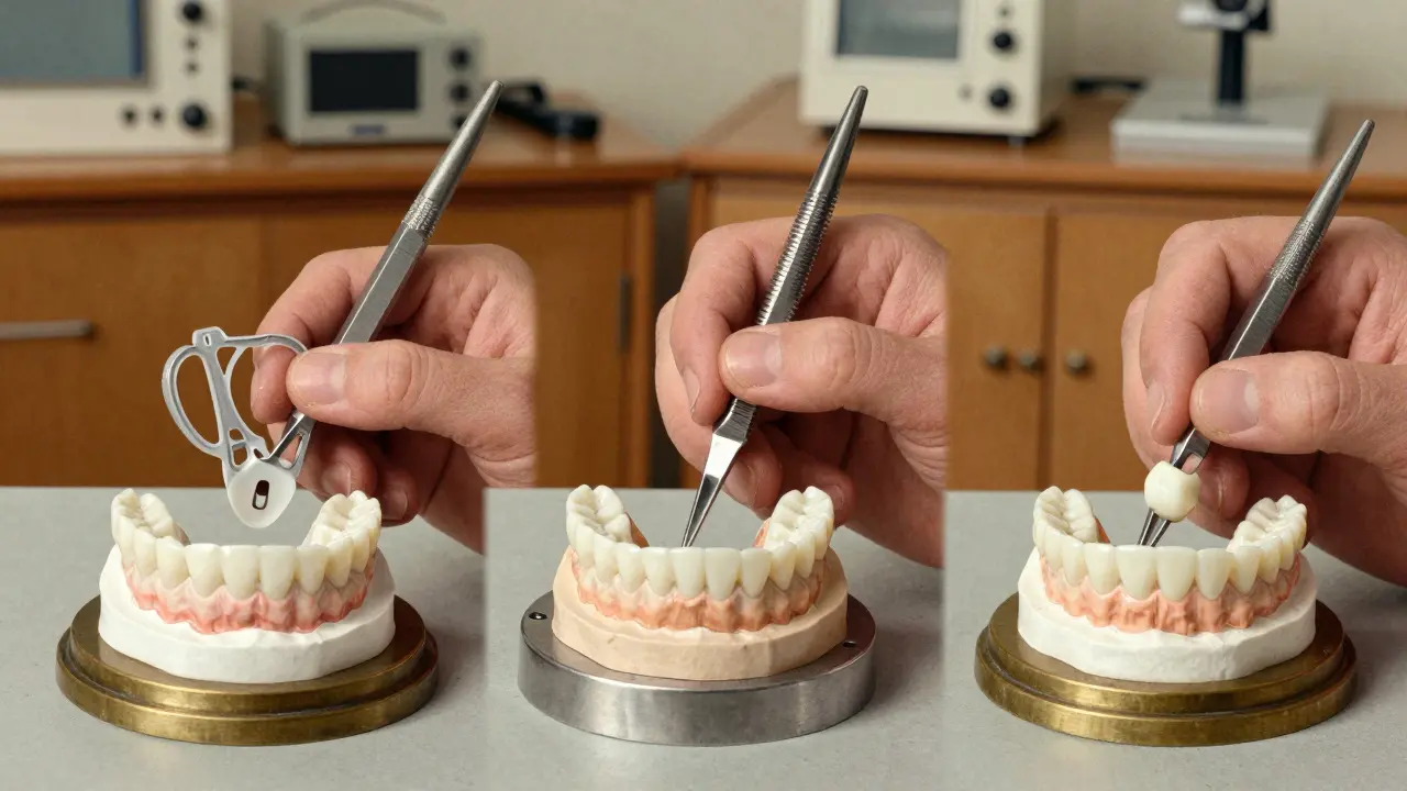 Vintage ilustrace tří kroků výroby zubní protézy v české zubní laboratoři z 70. let.