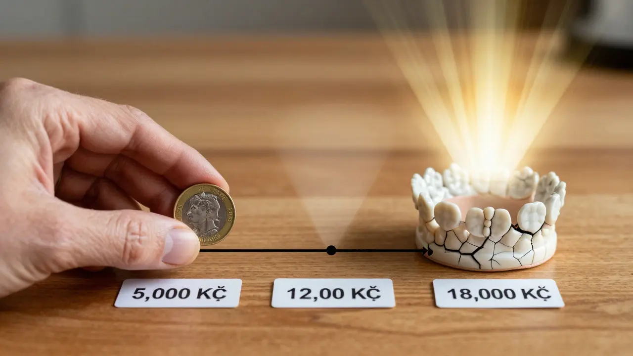 Zlatá mince a zubní korunka na stole s cenovými štítky a časovou osou trvanlivosti.