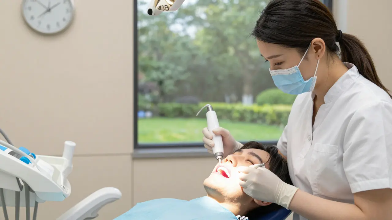 Zubař provádí rychlé přebělení zubů pomocí LED světla v klinice.