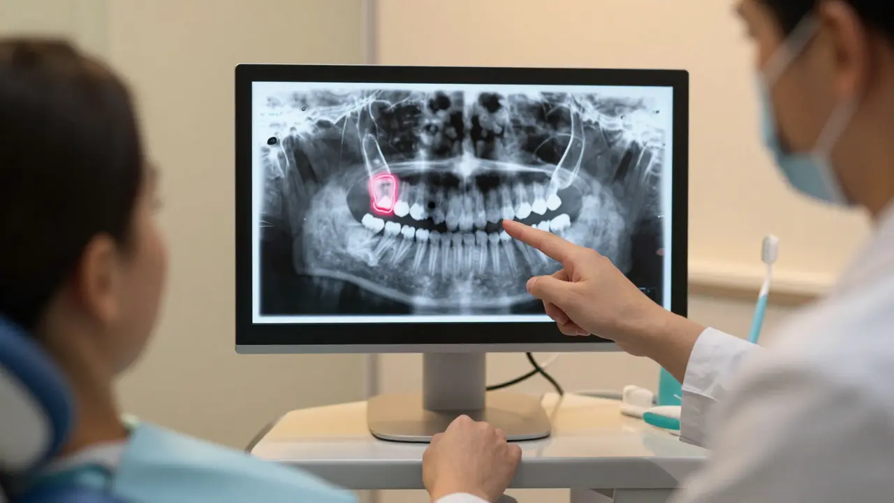 Zubař ukazuje na rentgenový snímek s označeným kazem u kořene zubu.